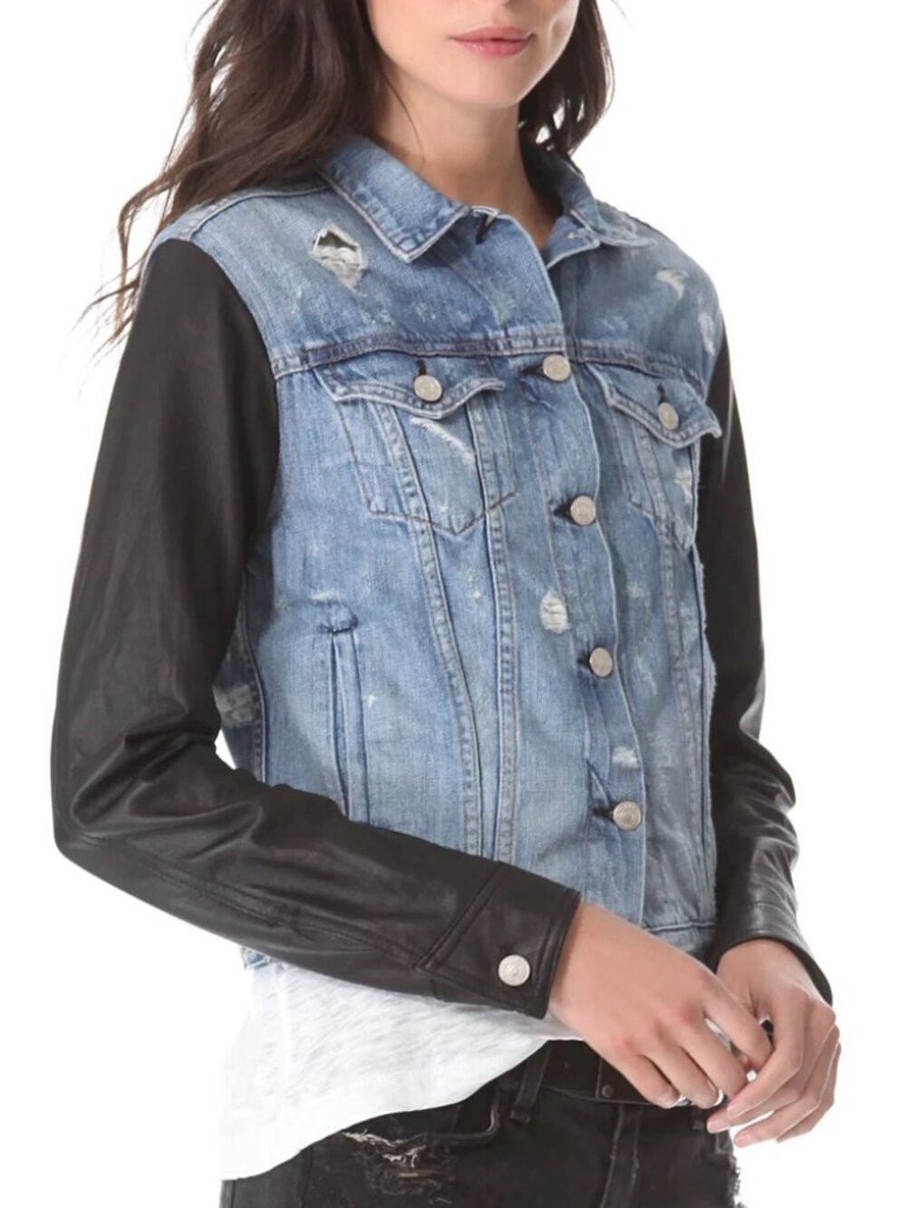 Rag & Bone Women's The Jean Jacket w/ Black Lamb Leather Sleeves M